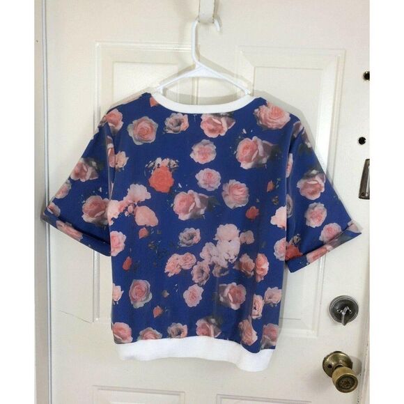 Poema Floral Mesh Scoop Neck Rolled Short Sleeve Blouse Medium - Picture 3 of 8